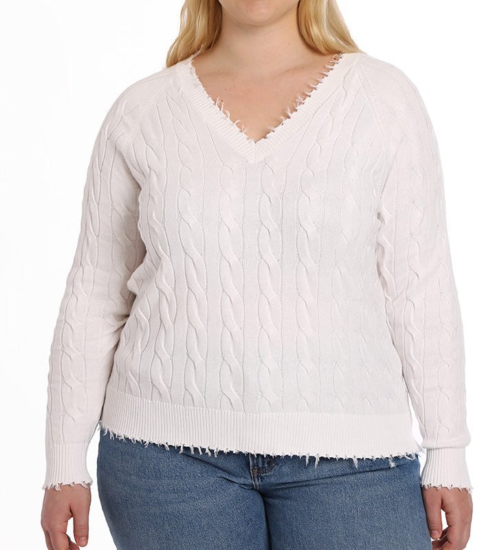 Minnie Rose Cotton Cable Plus Vneck Frayed Edge Sweater In White