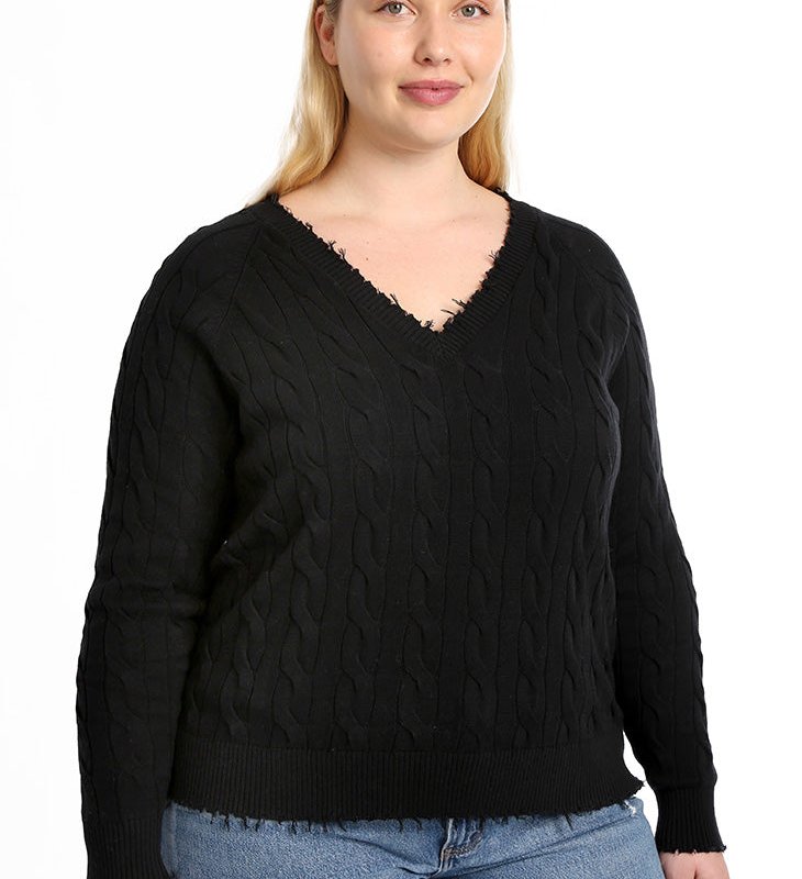 Minnie Rose Cotton Cable Plus Vneck Frayed Edge Sweater In Black