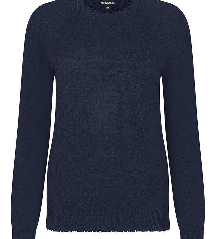 Shop Minnie Rose Cotton Cashmere Frayed Edge Crew Sweater In Blue