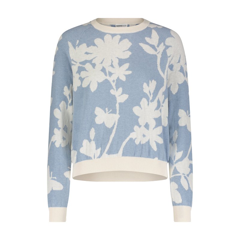 Minnie Rose Cotton Cashmere Long Sleeve Reversible Floral Crewneck Sweater In Blue