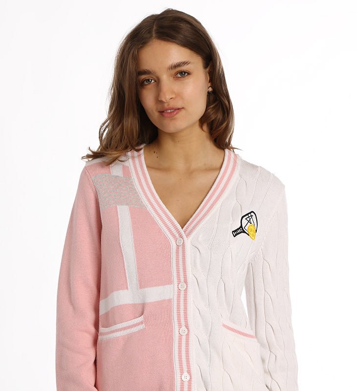 Minnie Rose Cotton Cashmere Pickleball Mixed Media Cardigan In Pink
