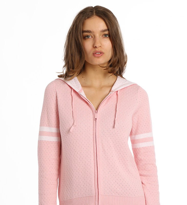 Shop Minnie Rose Cotton Cashmere Two-tone Mesh Zip Hoodie In Pink