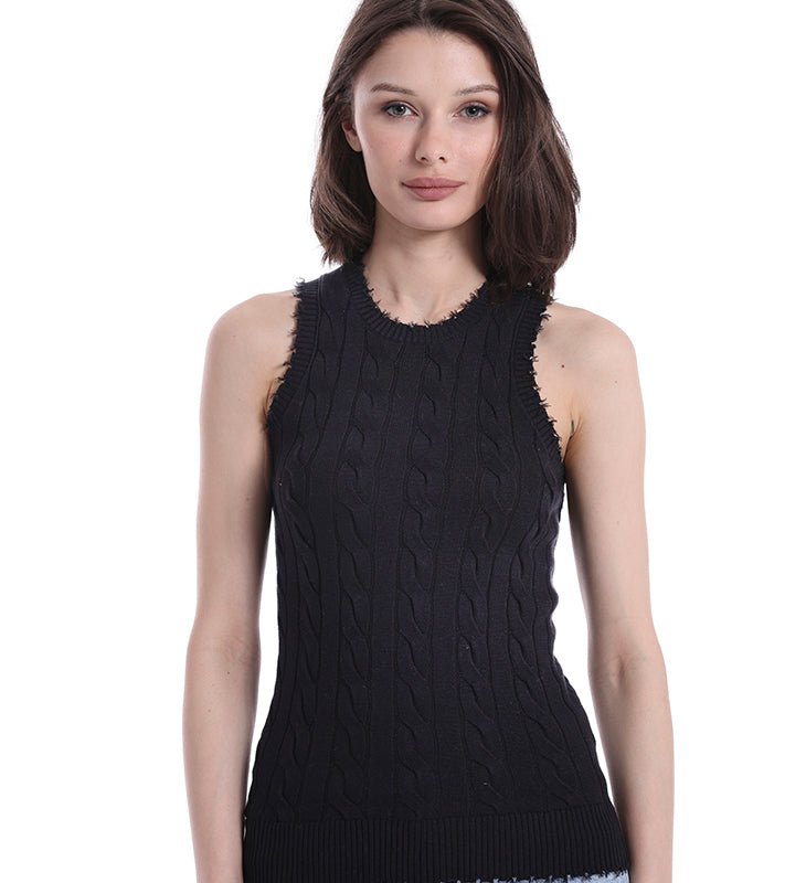 Minnie Rose Cotton Frayed Cable Tank In Black