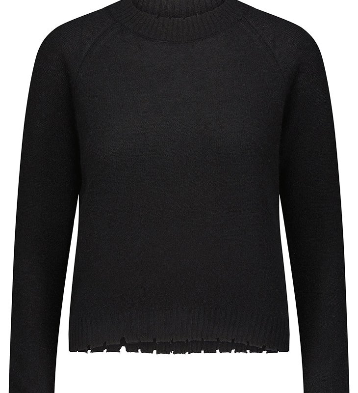 Minnie Rose Cashmere Frayed Edge Cropped Crew Sweater In Black