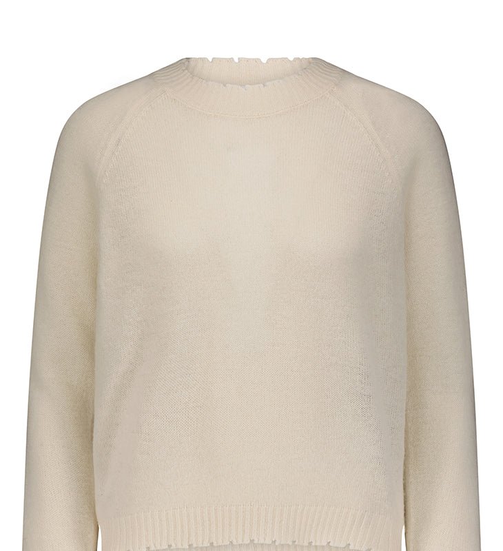 Minnie Rose Cashmere Frayed Edge Cropped Crew Sweater In White