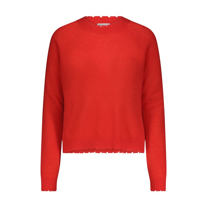 Minnie Rose Cashmere Frayed Edge Cropped Crew Sweater In Red