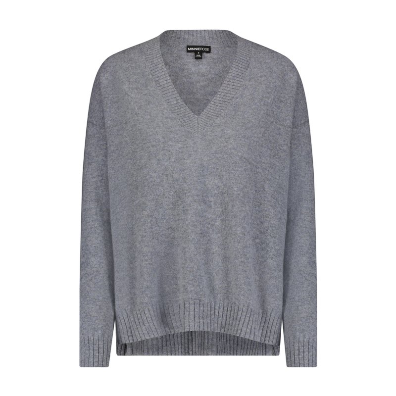 Minnie Rose Cashmere Long And Lean V Neck Sweater In Gray
