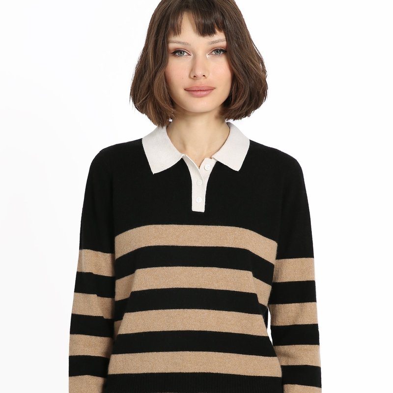 Minnie Rose Cashmere Rugby Stripe Polo In Brown