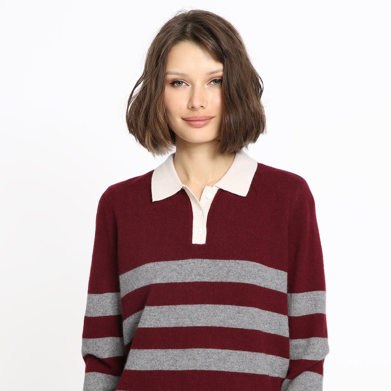 Minnie Rose Cashmere Rugby Stripe Polo In Red