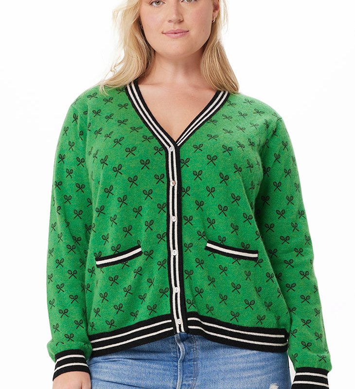 Shop Minnie Rose Plus Size Cashmere Tennis Print Cardigan In Green