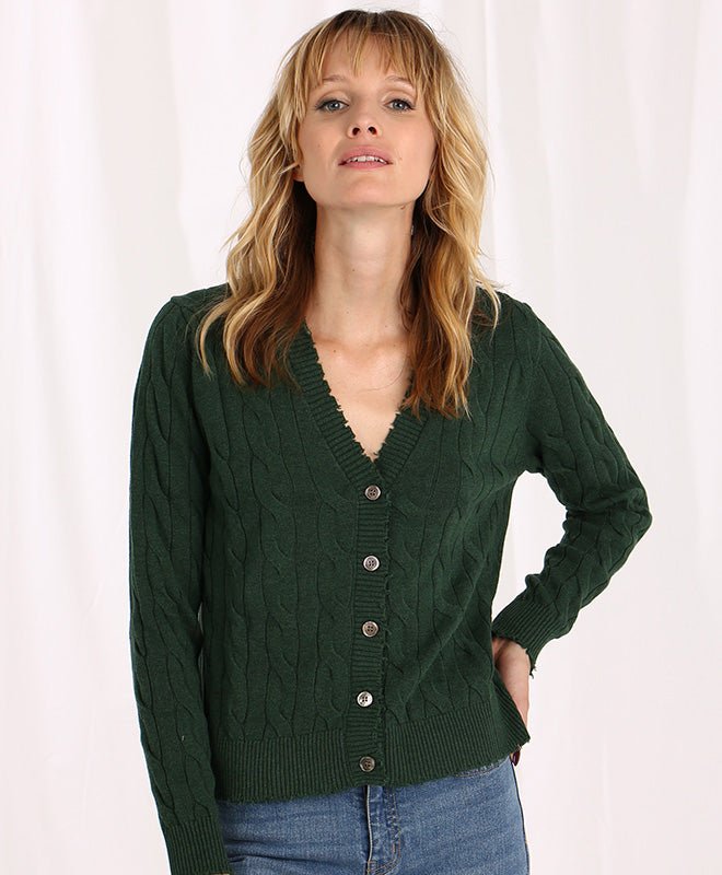 Minnie Rose Cotton Cable Cardigan In Green