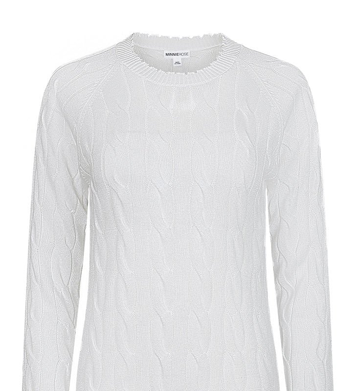 Minnie Rose Cotton Cable Ls Crew With Frayed Edges Sweater In White