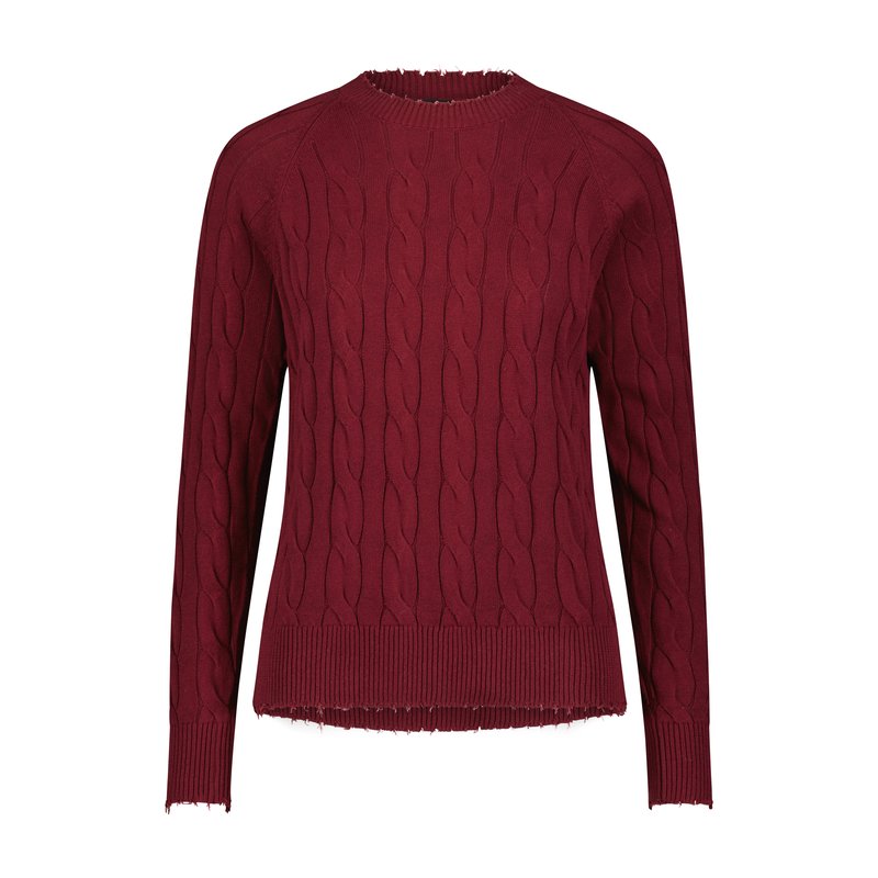 Minnie Rose Cotton Cable Ls Crew With Frayed Edges Sweater In Red