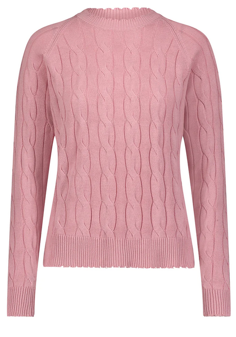 Minnie Rose Cotton Cable Long Sleeve Crew With Frayed Edges Sweater In Pink