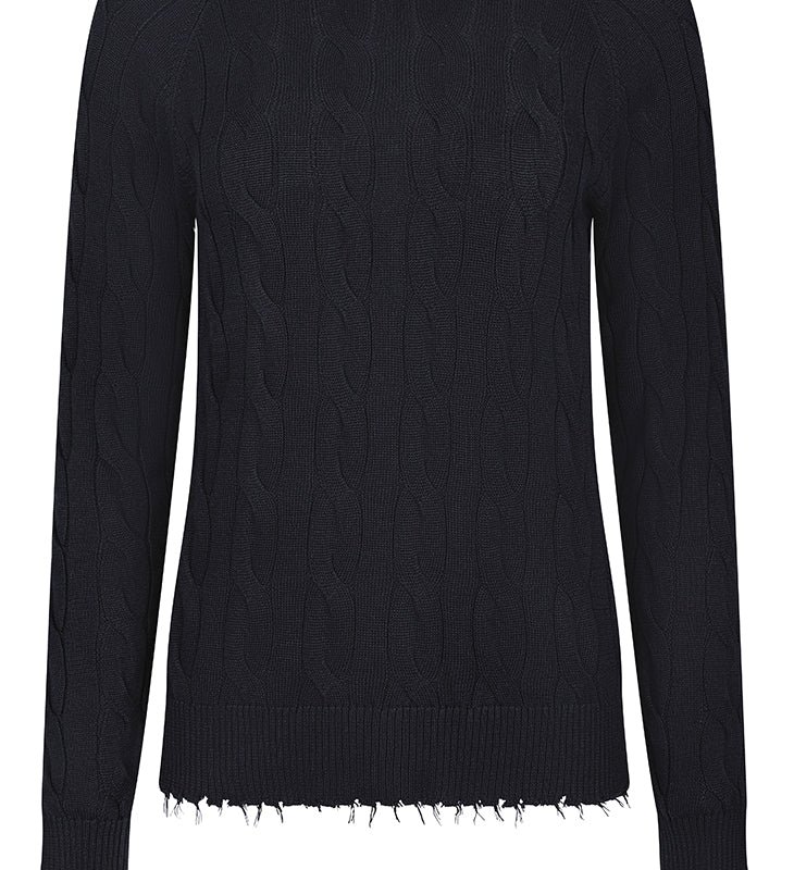 Minnie Rose Cotton Cable Long Sleeve Crew With Frayed Edges Sweater In Black