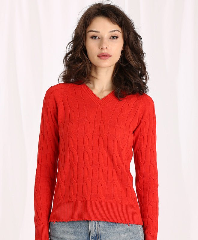 Minnie Rose Cotton Cable Ls V W/ Frayed Edges Sweaters In Red