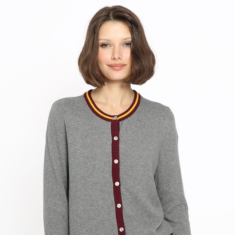 Minnie Rose Cotton Cashmere Cardigan With Stripe Detail In Grey