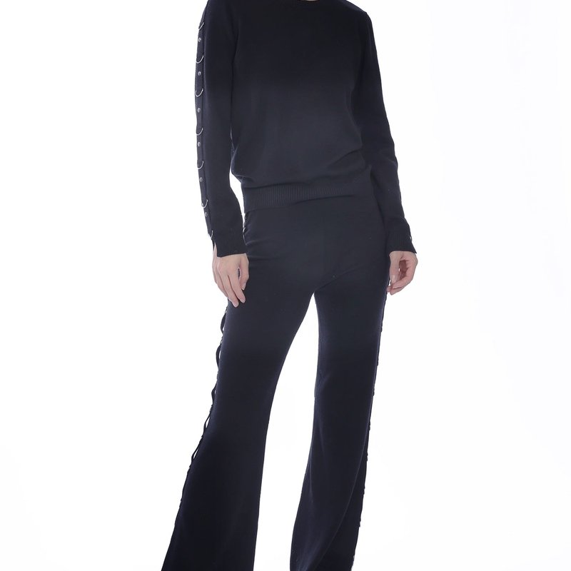 Minnie Rose Cotton Cashmere Crew Neck Pullover With D-ring Trim Detail In Black