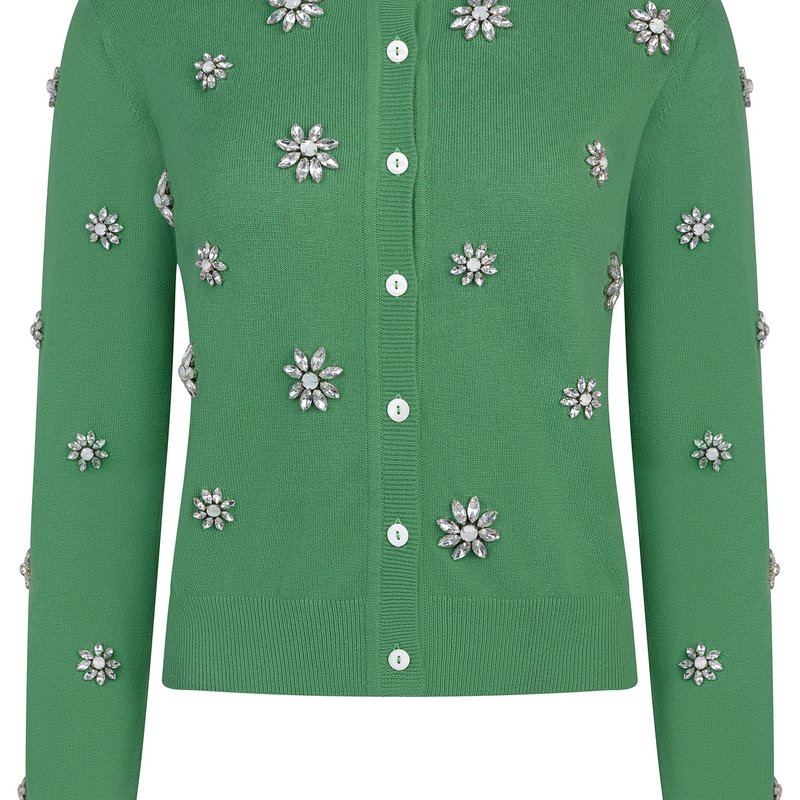 Minnie Rose Cotton Cashmere Crystal Flower Cardigan In Green