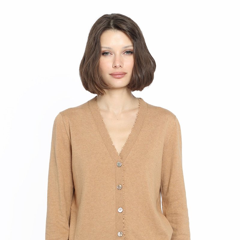 Minnie Rose Cotton Cashmere Frayed Cardigan In Brown