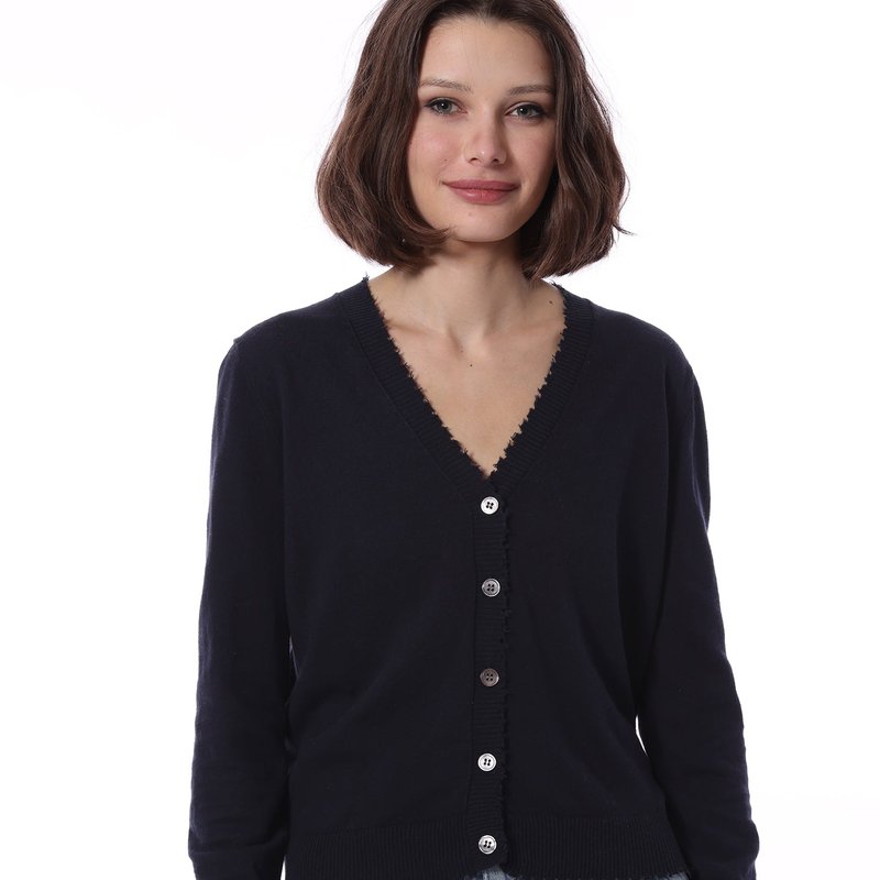 Minnie Rose Cotton Cashmere Frayed Cardigan In Blue