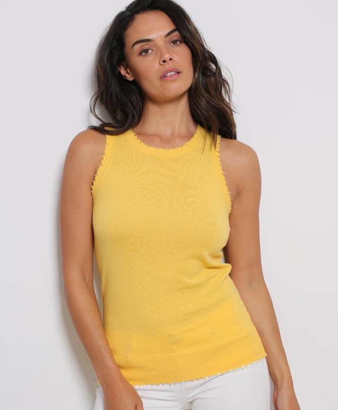 Minnie Rose Cotton/cashmere Frayed Edge Crew Neck Tank In Yellow