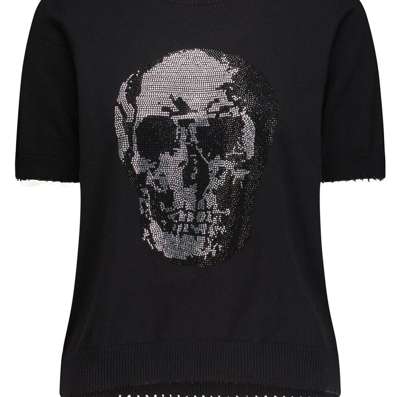 Minnie Rose Cotton Cashmere Frayed Tee With Skull Embellishment In Black