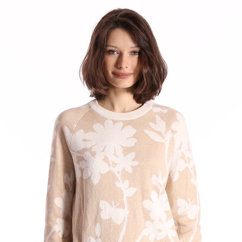 Shop Minnie Rose Cotton Cashmere Long Sleeve Reversible Floral Crewneck Sweater In Brown