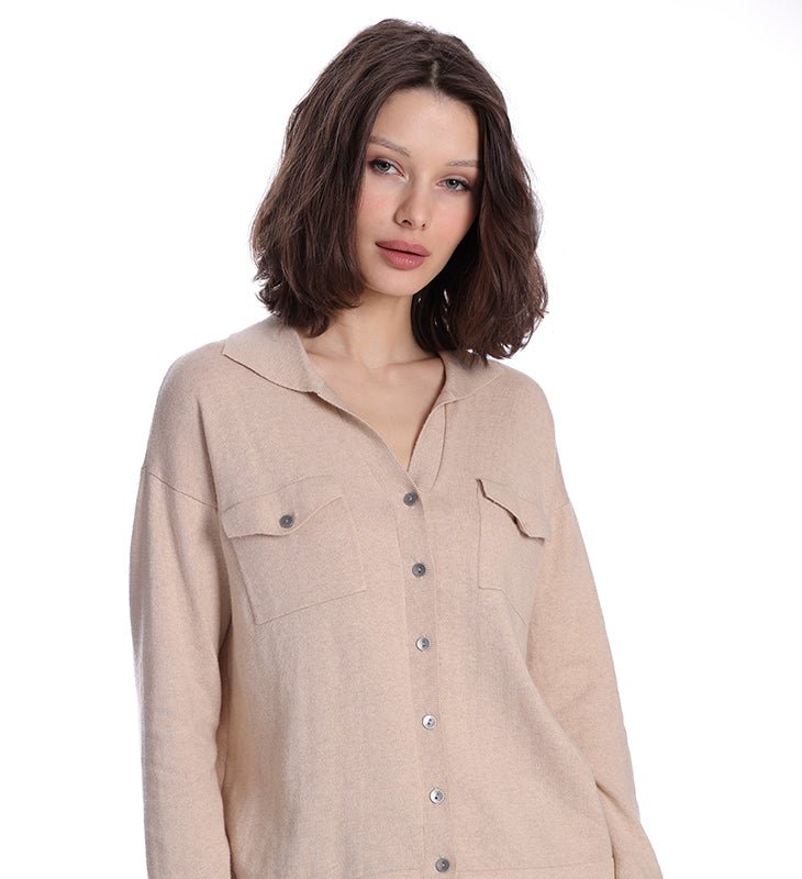 Shop Minnie Rose Cotton Cashmere Long Sleeve Solid Camp Shirt In Brown