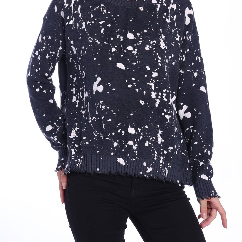 Minnie Rose Cotton Cashmere Paint Splatter Frayed Crew With Zipper In Black