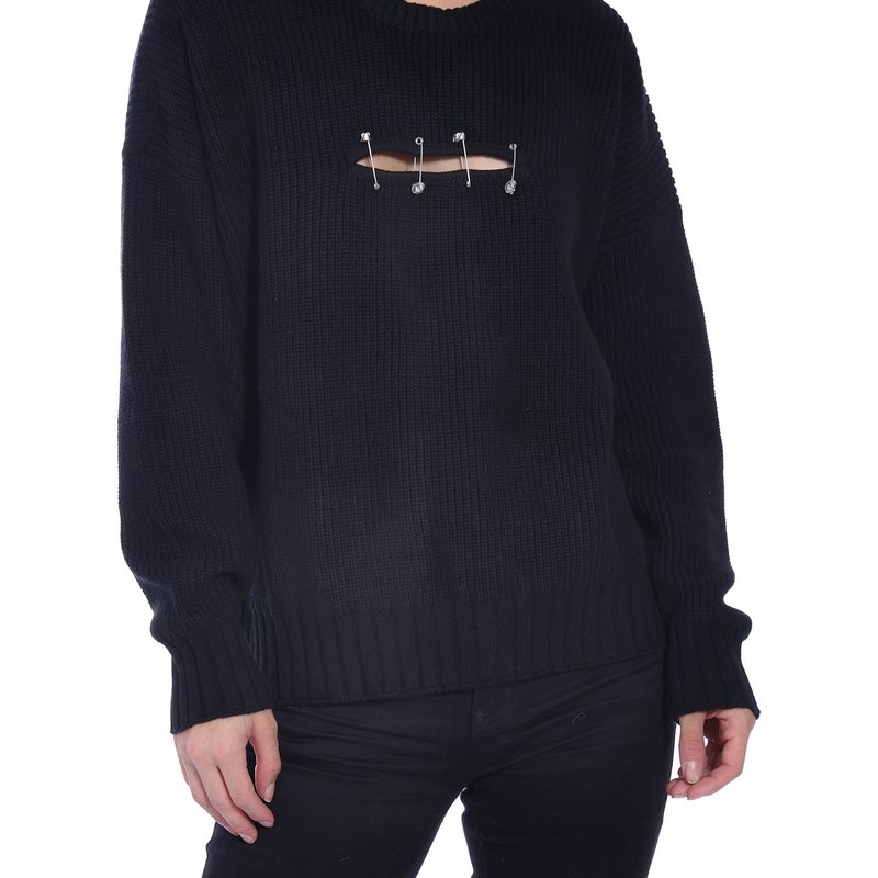 Minnie Rose Cotton Cashmere Shaker Pullover With Cut Out And Pin Detail In Black
