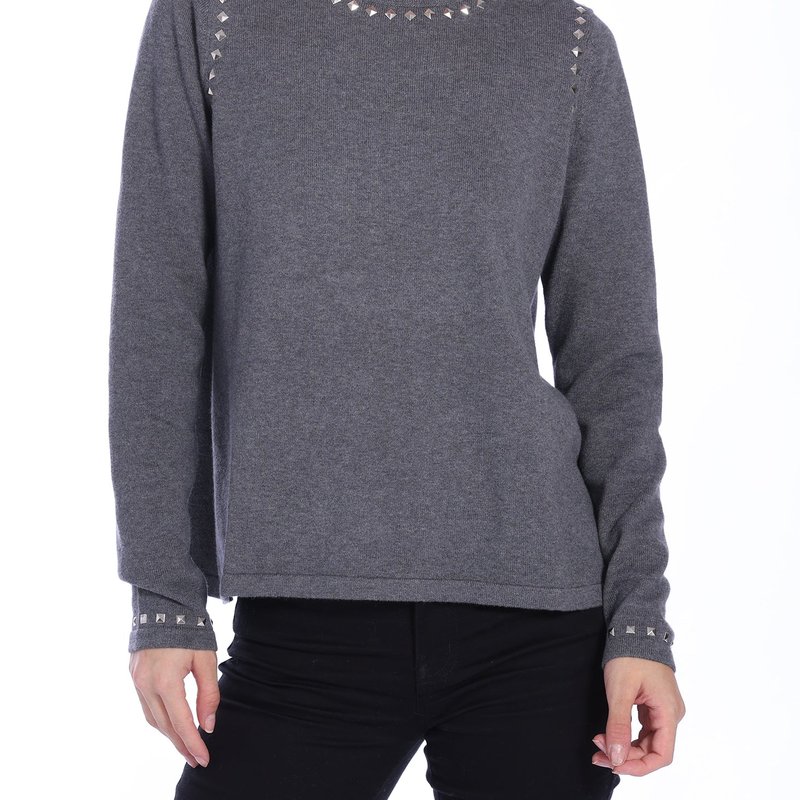 Minnie Rose Cotton Cashmere Swing Crew With Stud Detail In Grey