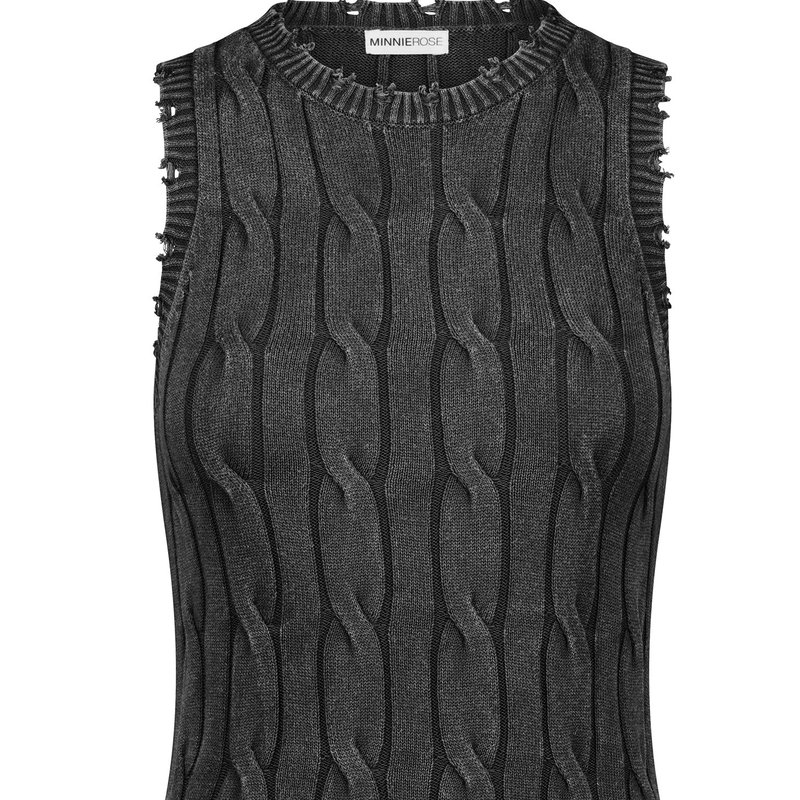 Minnie Rose Cotton Stone Wash Distressed Cable Tank In Black