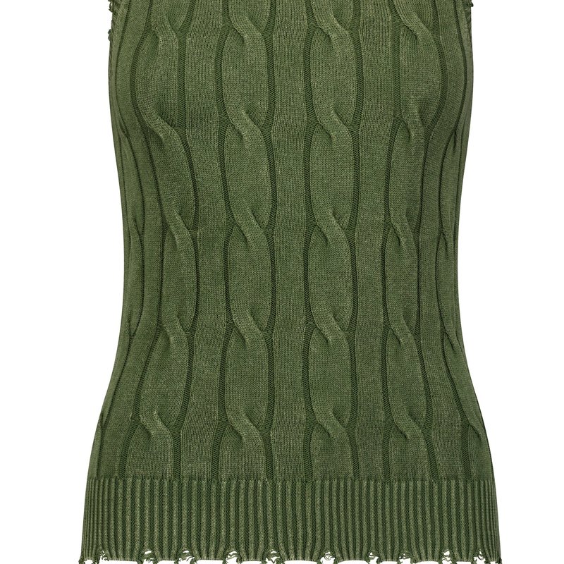 Minnie Rose Cotton Stone Wash Distressed Cable Tank In Green