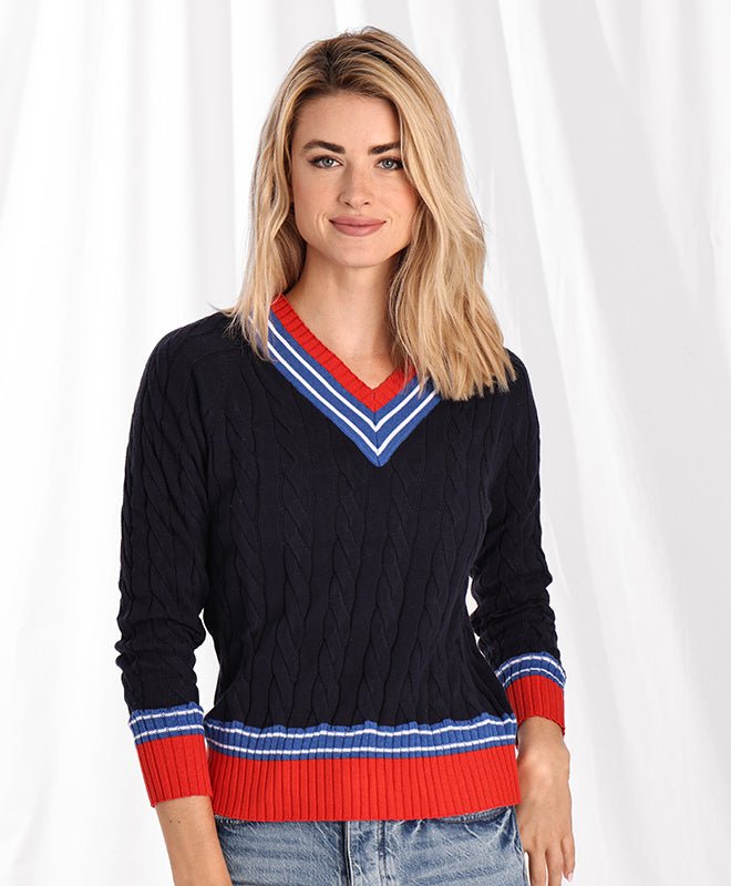 MINNIE ROSE MINNIE ROSE CTTN CABLE V WITH STRIPED TRIMS SWEATER