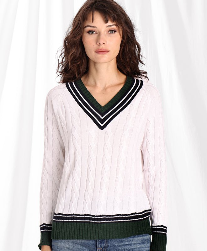 Minnie Rose Cttn Cable V With Striped Trims Sweater In White