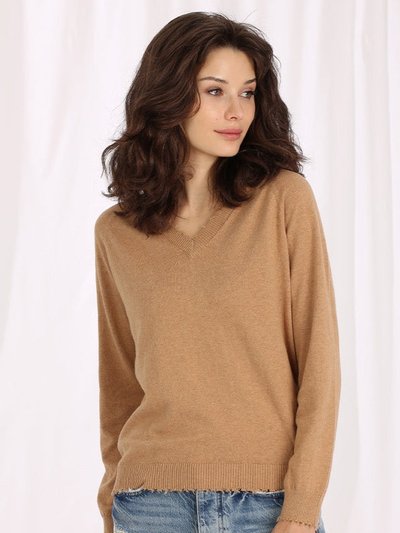 Minnie Rose Fine Cotton/Cashmere Distressed LS V Sweater product