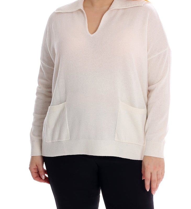 Minnie Rose Plus Size Cashmere Polo V-neck With Pockets In White