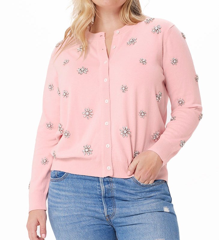 Minnie Rose Cotton Cashmere Allover Gem Cardigan In Pink