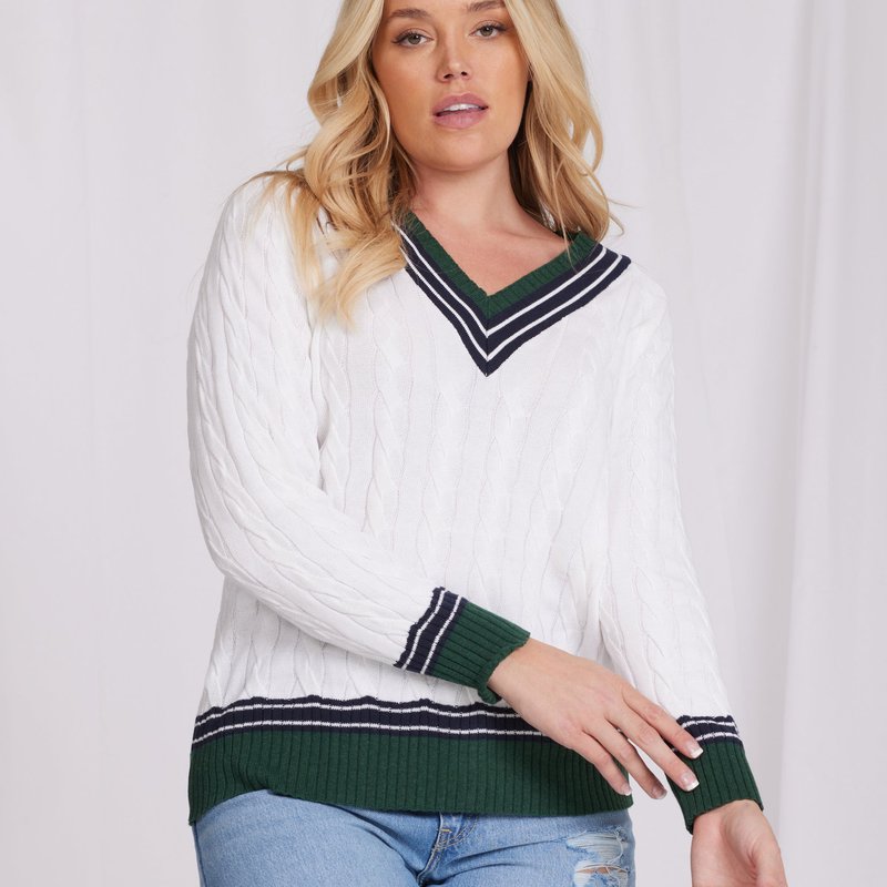 Shop Minnie Rose Plus Size Varsity Cotton Cable V With Stripe Sweaters In White