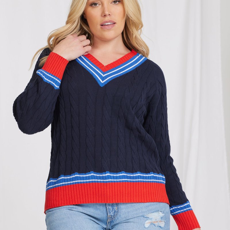 Minnie Rose Plus Size Varsity Cotton Cable V With Stripe Sweaters In Blue
