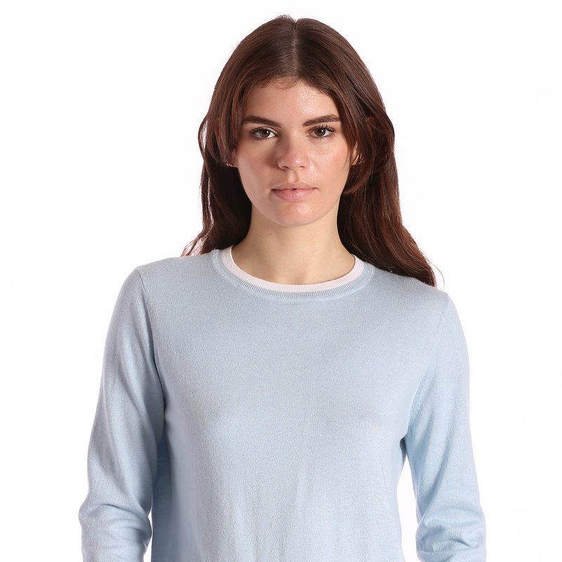 Minnie Rose Supima Cotton Cashmere Long Sleeve Crew With Tipping Sweater In Blue