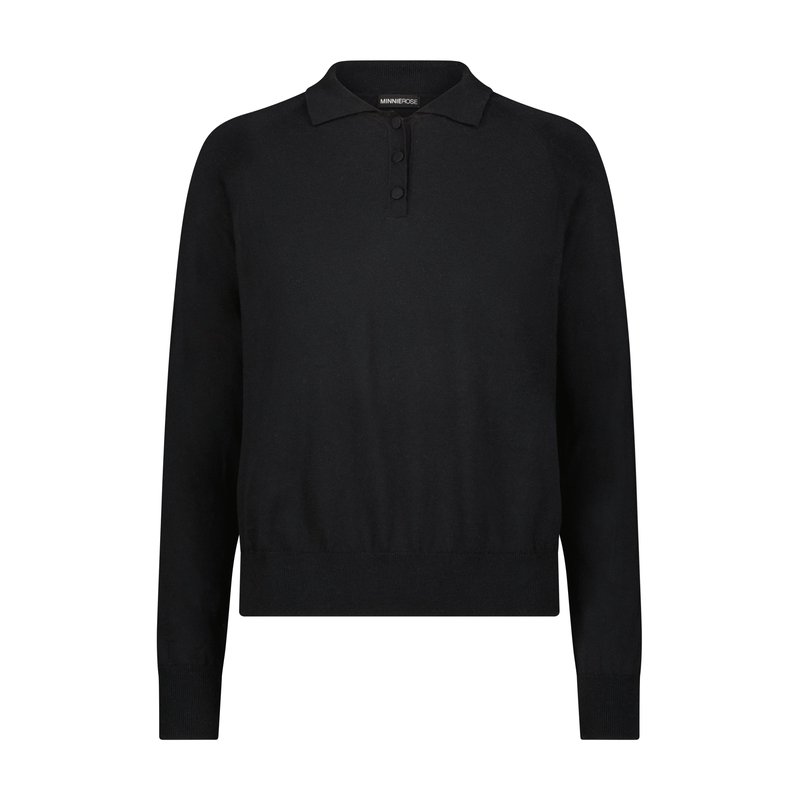 Minnie Rose Supima Cotton Cashmere Long Sleeve Polo Henley In Black