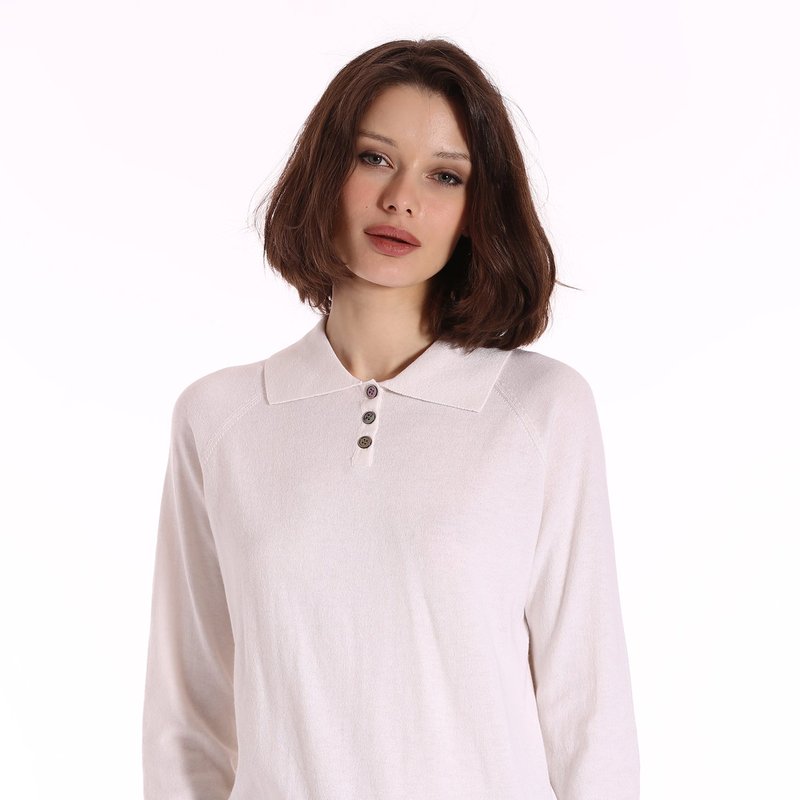Minnie Rose Supima Cotton Cashmere Long Sleeve Polo Henley In White