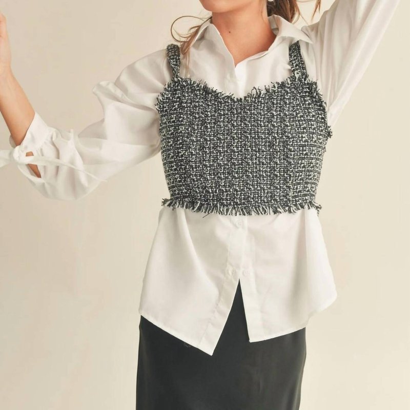 Miou Muse Tweed Crop Top With Button Down Shirt Combo In White