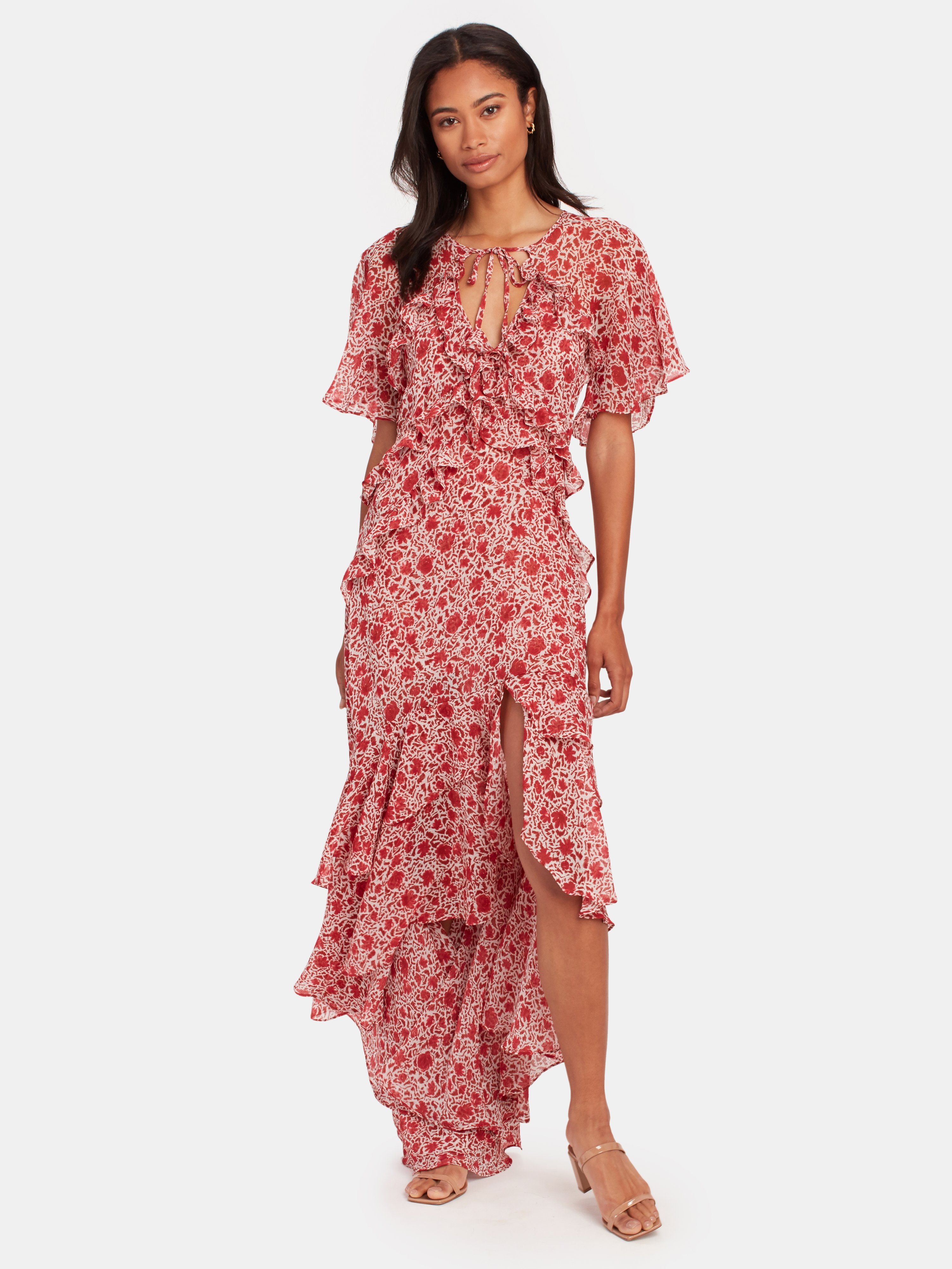 Misa Los Angeles Katarina Silk Chiffon Asymmetrical Midi Dress In Rust Animal Floral