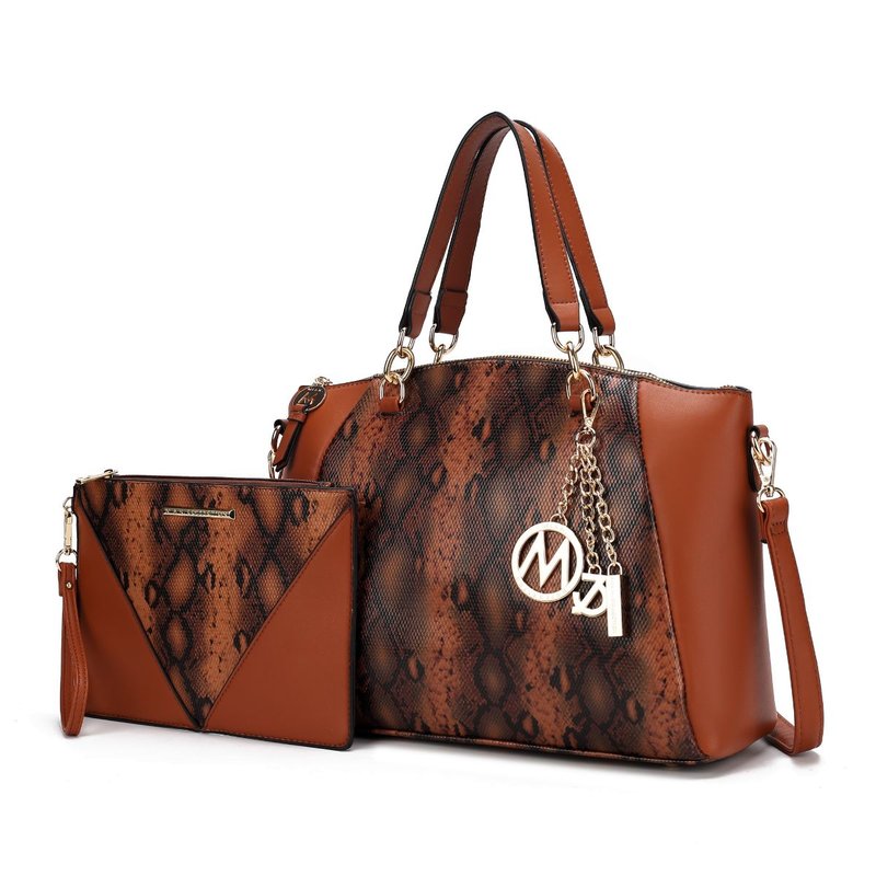 Mkf Collection By Mia K Addison Snake Embossed Vegan Leather Women's Tote Bag With Matching Wristlet Pouch In Brown