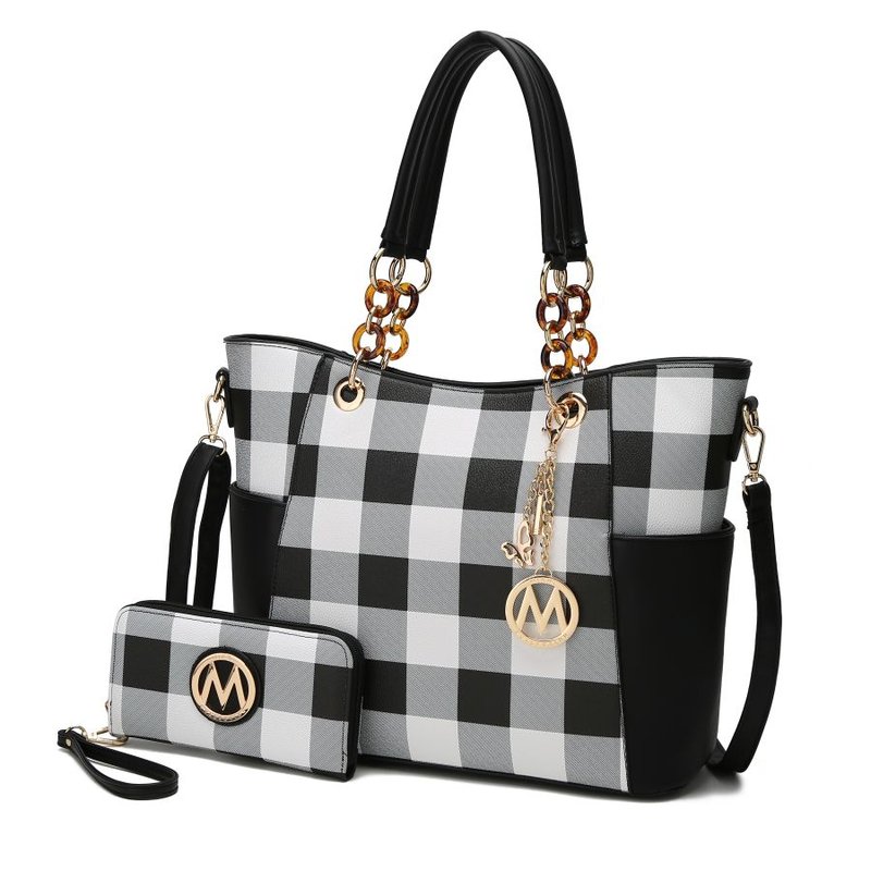 Mkf Collection By Mia K Bonita Checker Tote Bag Handbag & Wallet Set In Black