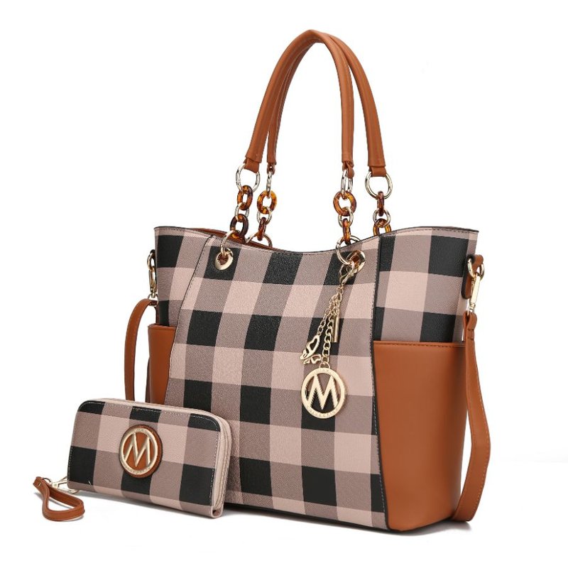 Mkf Collection By Mia K Bonita Checker Tote Bag Handbag & Wallet Set In Brown