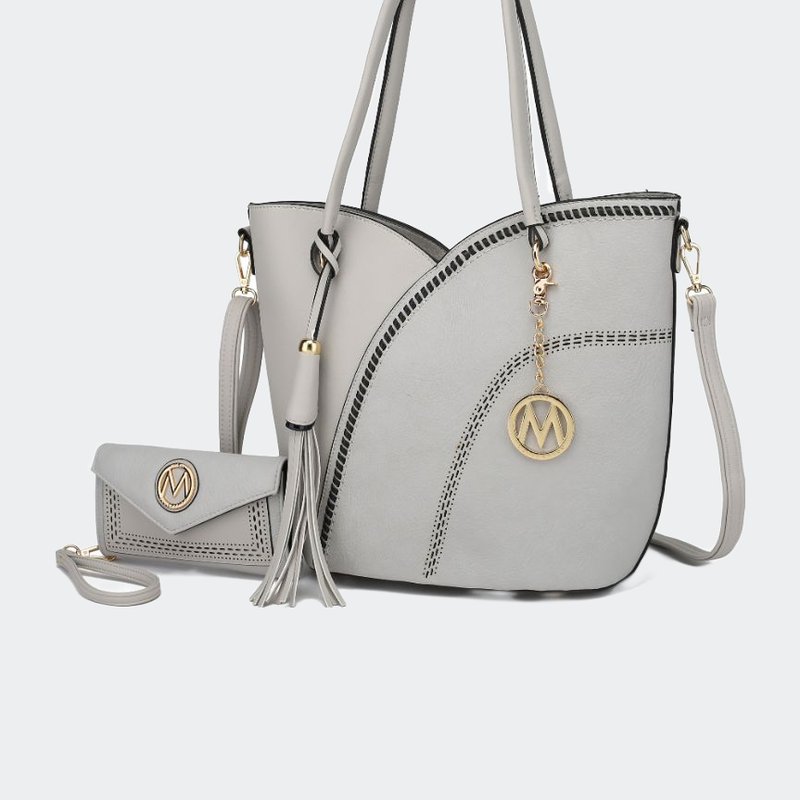 Mkf Collection By Mia K Imogene Two-tone Whip Stitches Vegan Leather Women's Shoulder Bag With Wallet- 2 Pieces In Grey